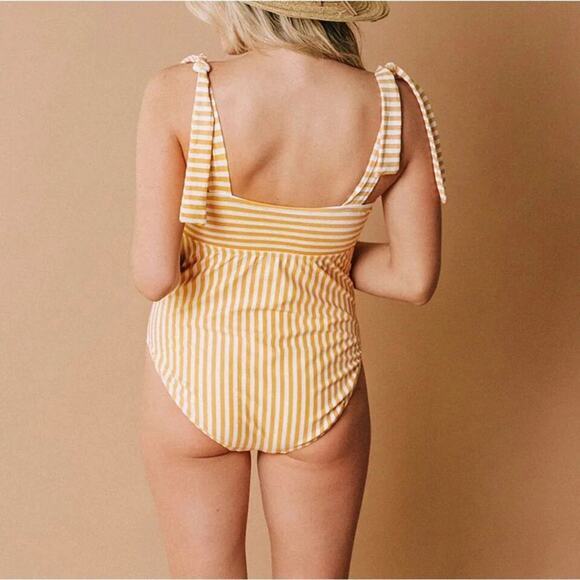 Albion The Cabana Yellow & White Stripe One Piece Swimsuit Shoulder Tie Size XS - Picture 2 of 7